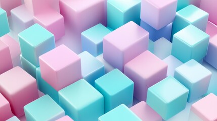Obraz premium 75.A pastel-colored abstract composition featuring geometric 3D shapes such as cubes, spheres, and cylinders. The smooth surfaces and soft gradients in hues of pink, blue, and mint green create a