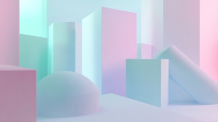 Fototapeta premium 75.A pastel-colored abstract composition featuring geometric 3D shapes such as cubes, spheres, and cylinders. The smooth surfaces and soft gradients in hues of pink, blue, and mint green create a