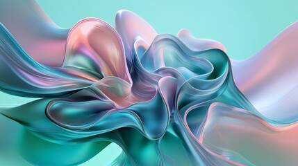 Fototapeta premium 60.An abstract gradient background in soft turquoise, blending seamlessly with morphing 3D metaball shapes. The blobs appear liquid and organic, with smooth, glossy surfaces that catch subtle light
