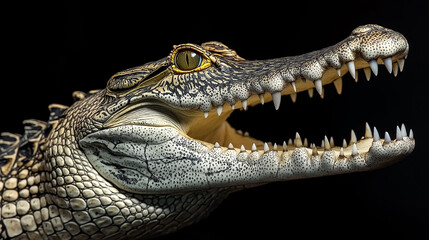 Crocodile opening mouth showing teeth on black background