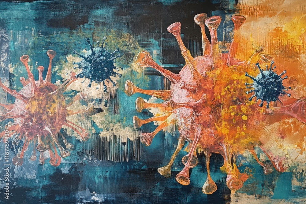 Poster virus transformation and mutation in vibrant artistic representation illustrating dynamic biological