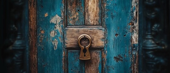 Fototapeta premium Old blue door, keyhole detail, aged wood, urban texture