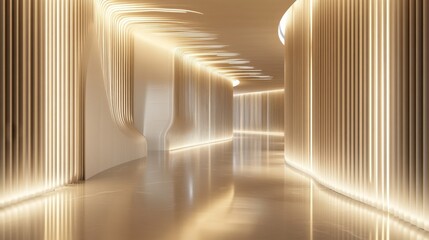 72.A clean and futuristic interior corridor with glowing linear light patterns, blending modern minimalism with advanced technology. The seamless white walls and polished metallic floor reflect the