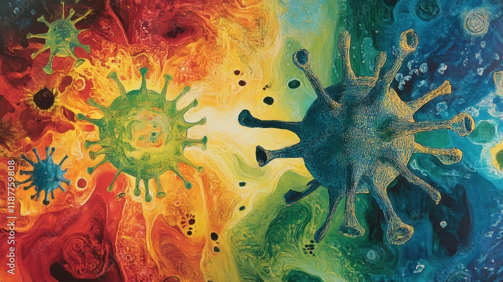 Aufkleber virus transformation process illustrating mutation and evolution in a vibrant digital art style acro