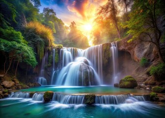 Obraz premium Serene pool reflects a cascading waterfall in a breathtaking double exposure photograph.