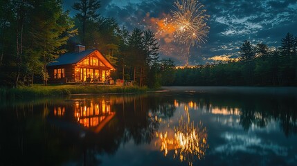 Fototapeta premium Tranquil Lakeside Cabin with Fireworks Display at Dusk