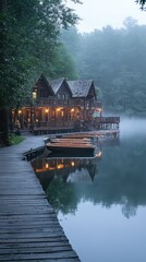 Obraz premium Serene Lakefront Cabin at Dusk with Calm Water Reflections