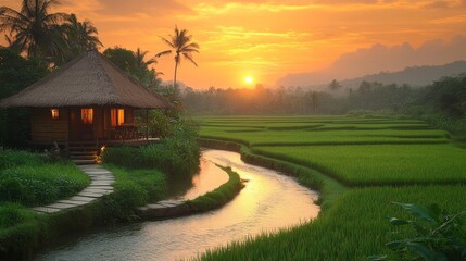 Obraz premium Tranquil tropical sunset over asian rice fields with cozy hut and winding stream