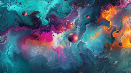 Fototapeta premium 61.A dynamic composition featuring morphing colorful blobs on a gradient backdrop, predominantly turquoise. The metaball shapes seem to flow like liquid, creating a visually engaging interplay of