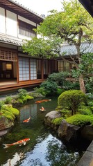 Fototapeta premium Tranquil Japanese Garden with Koi Fish and Traditional Architecture