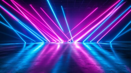 Fototapeta premium 86.A dynamic 3D neon background featuring intersecting light beams in vibrant colors of blue, pink, and purple, forming a grid-like structure. The sleek, reflective surface below mirrors the glowing