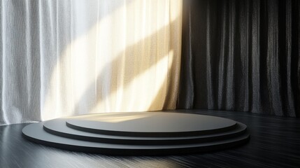 30.An elegant abstract display setup with a smooth circular stage and subtle textured backdrops, illuminated by a soft spotlight for a refined presentation.