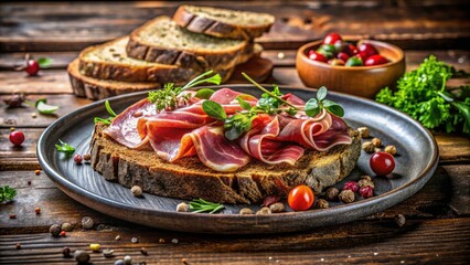 Macrophotography of Rye Bread and Smoked Meat on a Rustic Wooden Table - Culinary Delights, Gourmet Food Presentation, Artisan Bread, Meat Platter, Rustic Dining Experience