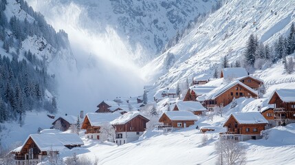 Snowy Mountain Village with Wooden Cabins in Winter Wonderland