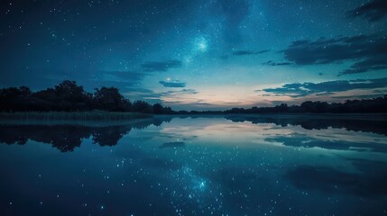 Serene Night Sky Reflection Over Calm Waters and Starry Universe