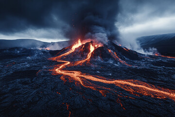 A dramatic volcanic landscape with flowing lava, black ash, and a dark, ominous sky.