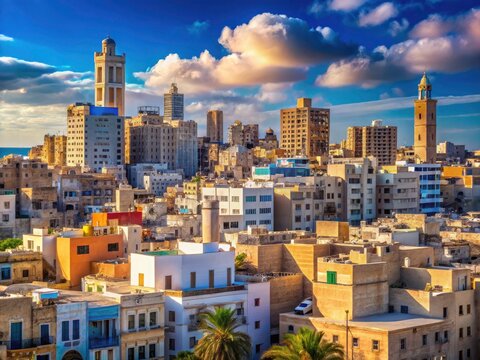 Tripoli's architectural beauty captured: gray buildings, brilliant blue sky, perfect for your text.