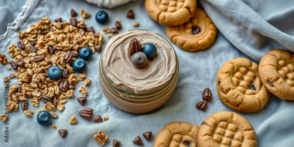 Poster a jar of peanut butter with blueberries on top sits on a table next to a plate of cookies