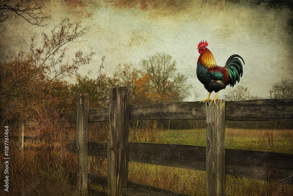 Aufkleber colorful rooster perched on a rustic wooden fence in a serene rural setting during autumn. generativ