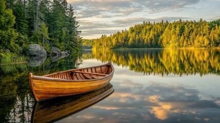 Obraz premium Serene Wooden Canoe on Tranquil Lake with Reflections at Sunset