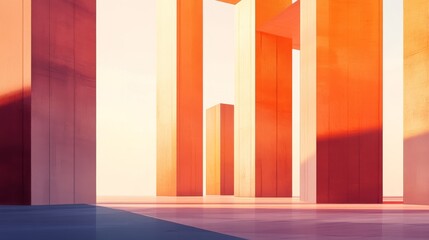 41.A minimalist architectural scene with tall, slender geometric pillars, bathed in warm sunlight, their sharp lines contrasting against a soft gradient sky.