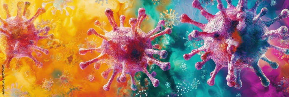 Poster virus transforms and mutates in vibrant colors showcasing its complexity and adaptability in a micro