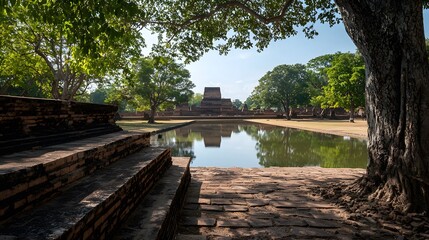 Scenic Wide Angle View of Crumbling Temple Ruins Surrounded by Lush Greenery in Sukhothai Historical Park