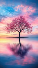 Serene Pink Tree at Sunset Reflecting in Calm Water Surface