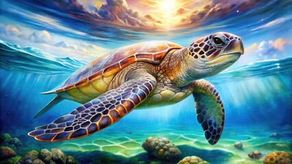 Fototapeta premium Majestic Sea Turtle Watercolor Painting, Ocean Wildlife Art, Underwater Scene, Rule of Thirds Composition