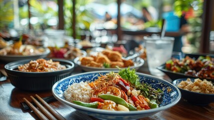Obraz premium Vibrant Asian Cuisine Plated with Fresh Ingredients and Colors