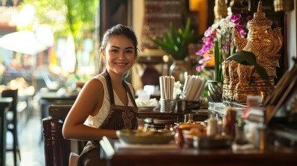 Young woman smiles at a restaurant with Thai decor and warm atmosphere