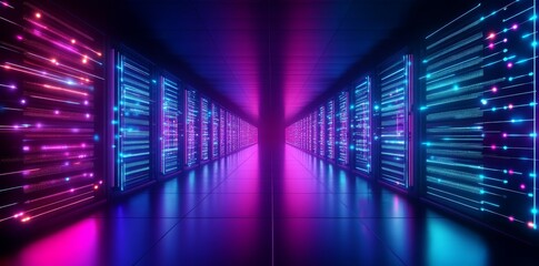 Futuristic server room with neon lights and data streams.