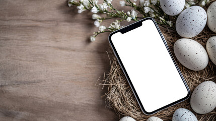 The concept of Easter celebration. A mobile phone with an empty screen lies in a nest with stylish Easter eggs, top view. A mockup of a modern phone for mobile app advertising