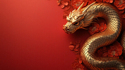 Fototapeta premium A gold dragon is on a red background