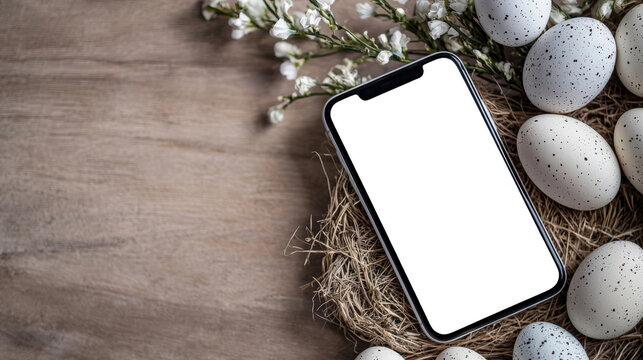 The concept of Easter celebration. A mobile phone with an empty screen lies in a nest with stylish Easter eggs, top view. A mockup of a modern phone for mobile app advertising