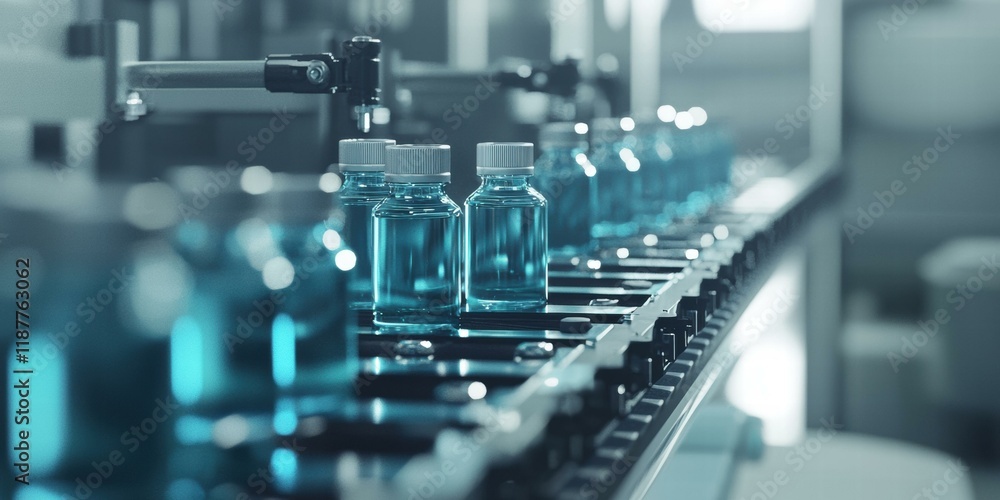 Poster automated production line filling bottles. ai.