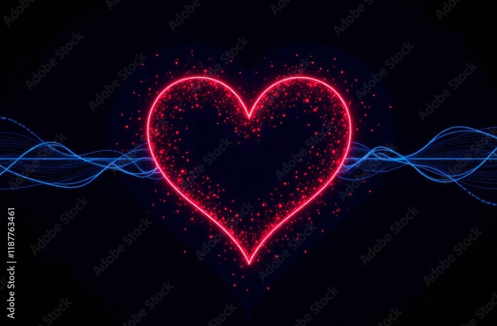 Poster a vibrant pink heart shape glows amidst a dark background, surrounded by sparkling particles. blue w
