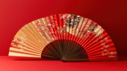 elegant bamboo fans with bold red frames and auspicious golden patterns, symbolizing joy and luck.