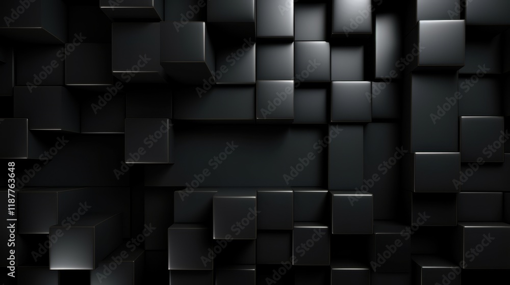 Poster abstract dark cubic structure: a 3d render of black cubes in irregular formation