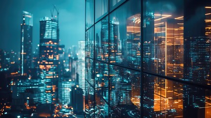 Naklejka premium Urban Nightscape with Reflections in Modern City Lights
