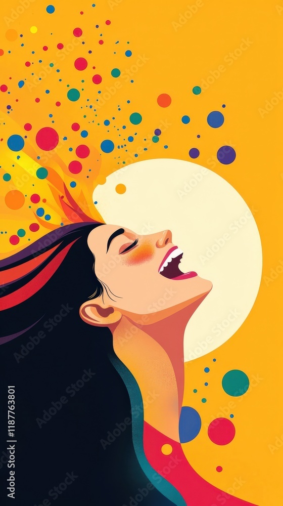 Poster joyful expression of a woman in abstract colorful art with vibrant background and playful circular e