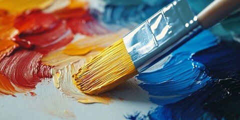Fototapeta premium Paintbrush on colorful palette, art studio