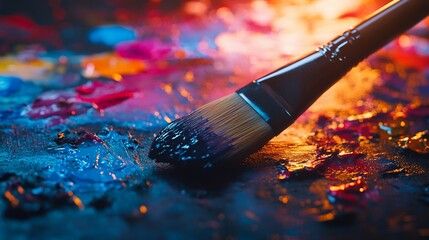 Obraz premium Paintbrush on colorful palette, studio lighting, artistic process, creative background, stock photo
