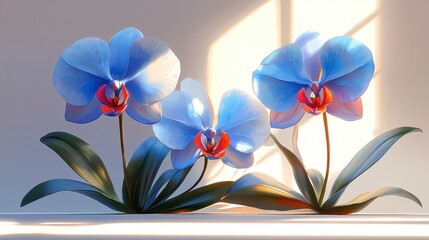 Three light blue orchids in sunlight.