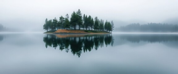 Misty Island Reflection on a Calm Lake