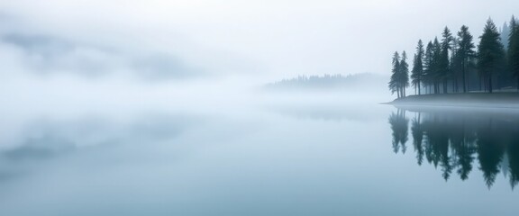 Fototapeta premium Misty Lake Shore at Dawn with Reflection