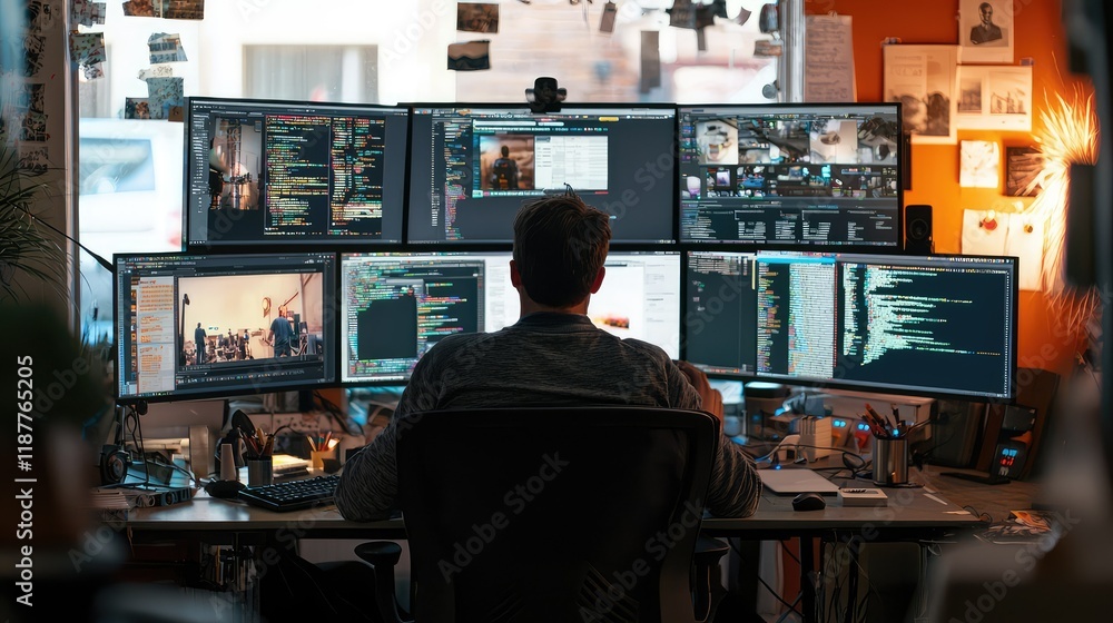 Poster focused programmer working in a modern home office setup