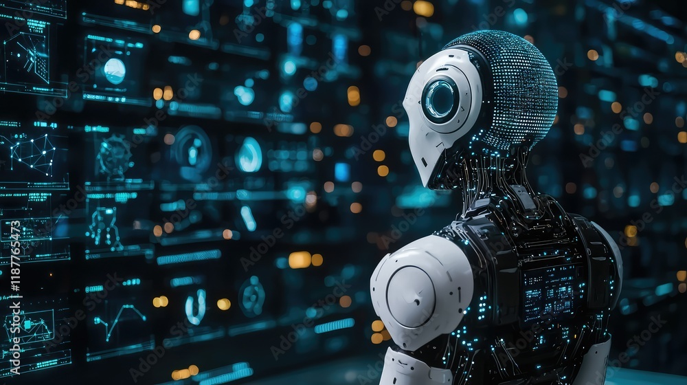 Poster futuristic robot analyzing data in high-tech digital environment
