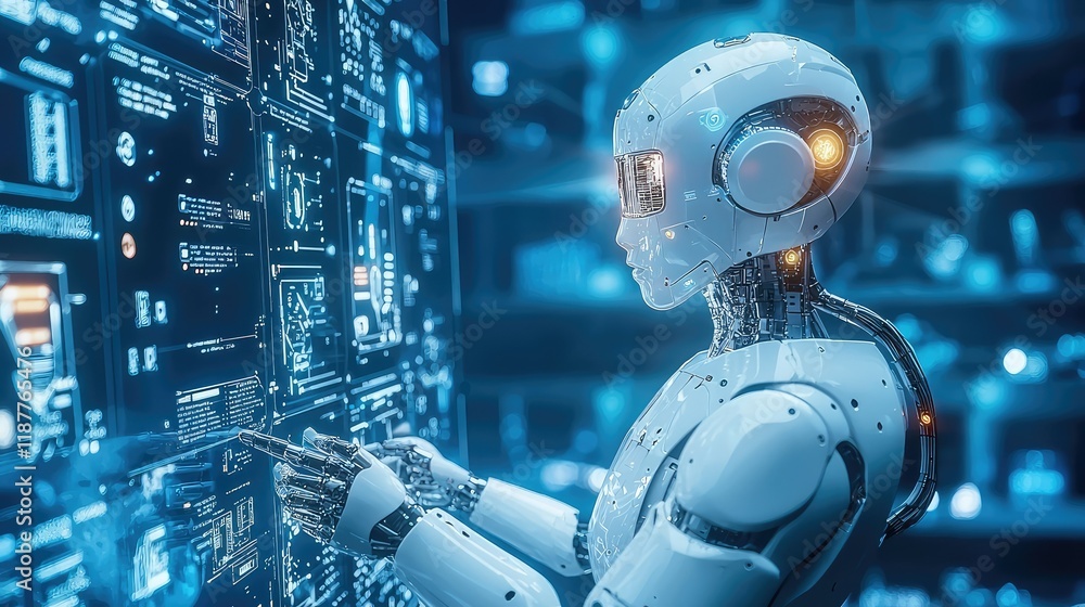 Aufkleber futuristic robot interacting with digital screens in technology setting