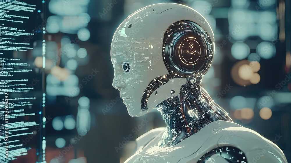 Poster futuristic robot head portrait with digital information display